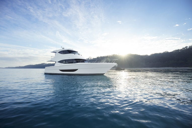 Maritimo M51 anchored in the water at sunset